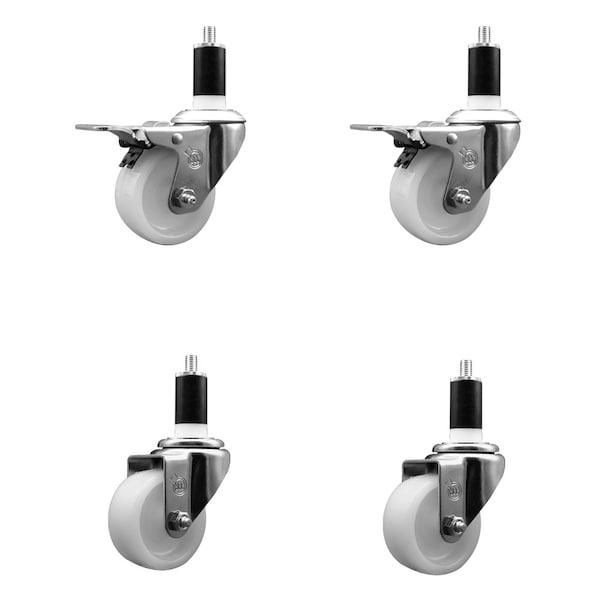 3'' Nylon Swivel 1-3/8'' Expanding Stem Caster Set 2 Total Lock Brakes, 4PK